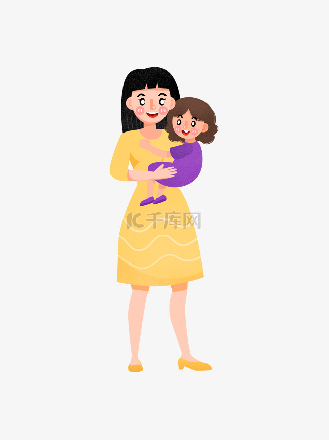 卡通手绘妈妈抱着女孩微笑元素