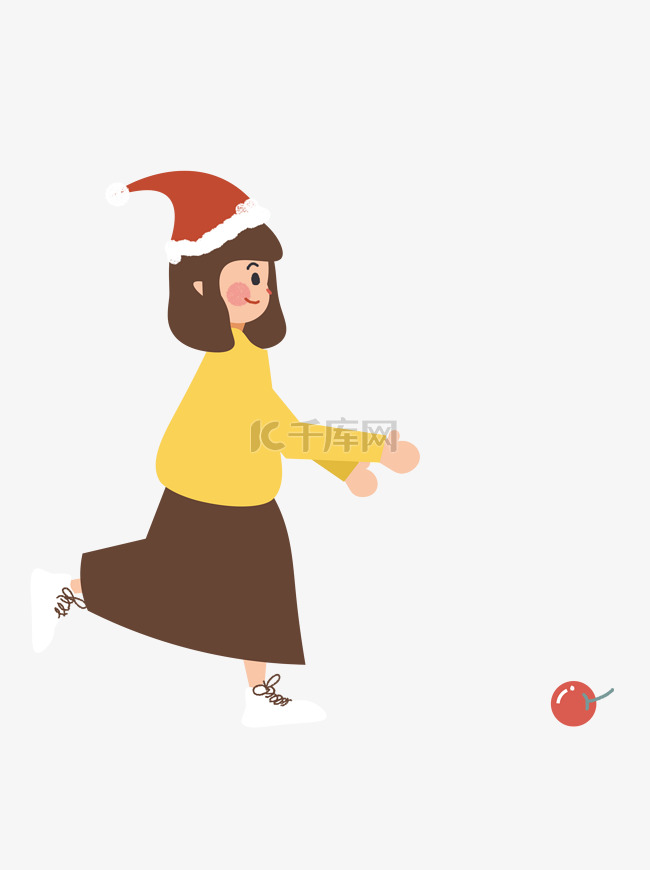 手绘卡通跑步去捡苹果的圣诞帽女