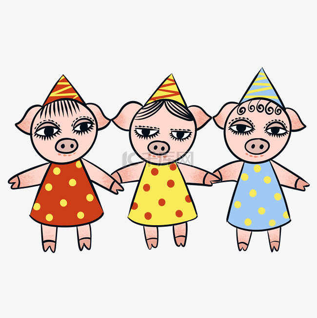 手绘矢量卡通可爱猪年三只小猪形