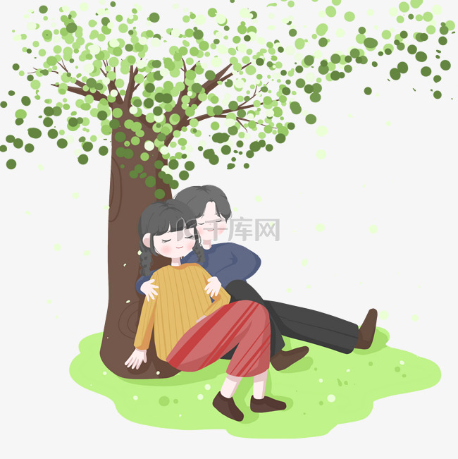 坐在大树下的情侣