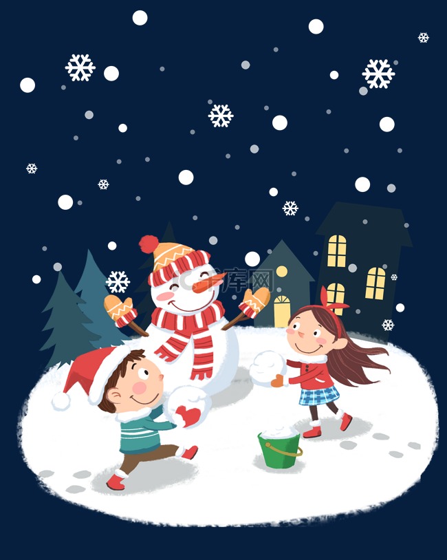 冬日圣诞节卡通手绘雪人戴圣诞帽