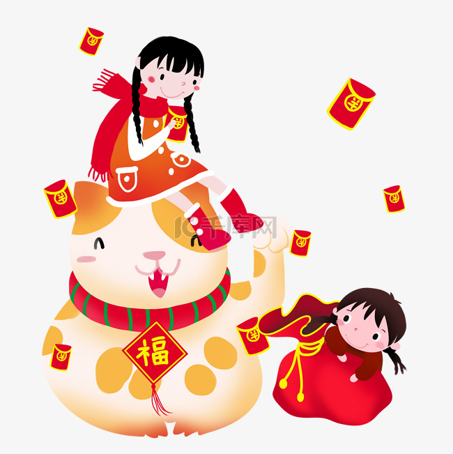 红色金猪送福春节新年插画