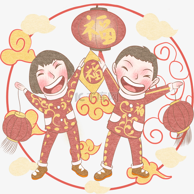 小孩大笑红色套装代表春节