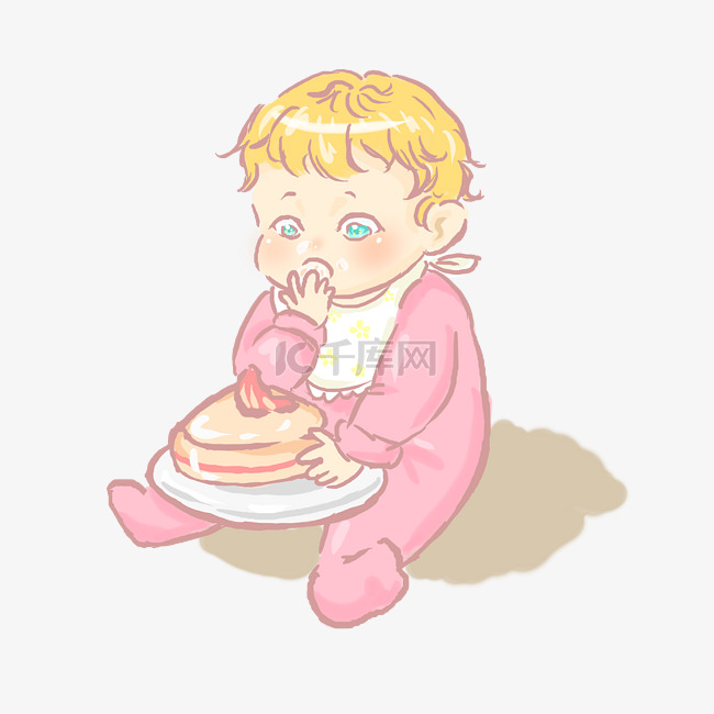坐在地上吃蛋糕的可爱宝宝
