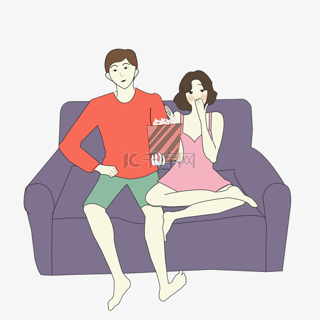 情侣坐在沙发上吃爆米花PNG素材
