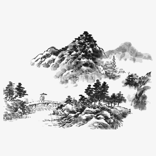 水墨山水东方简约国画PNG