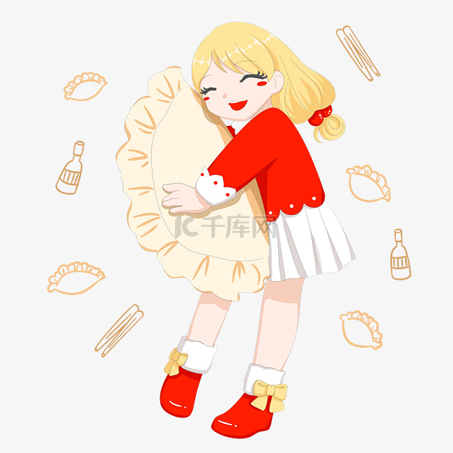 新年吃饺子可爱少女抱着大饺子手