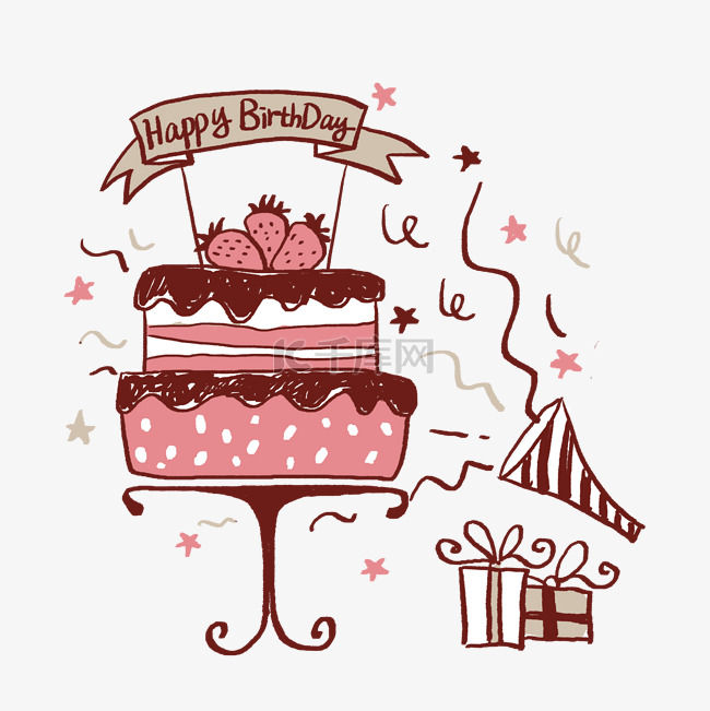 手绘粉色系生日蛋糕和礼物PNG