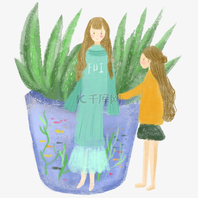 水彩女孩和植物免抠图
