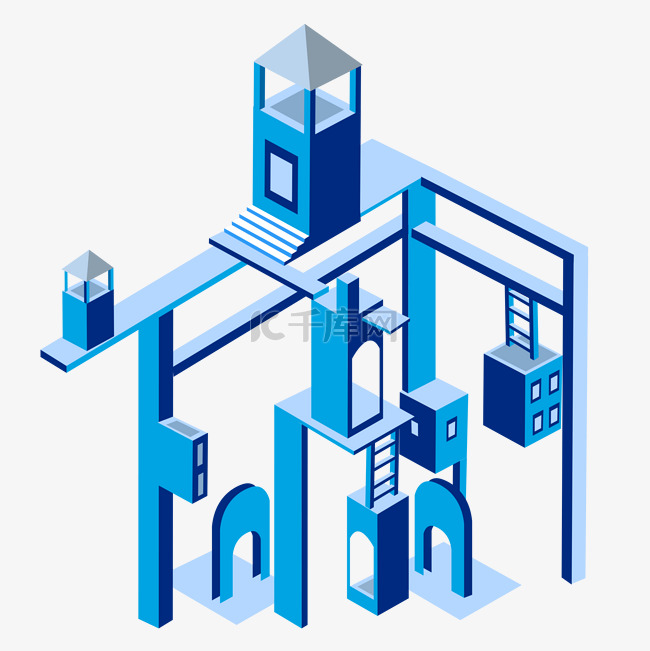 房屋2.5D蓝色矢量免抠图