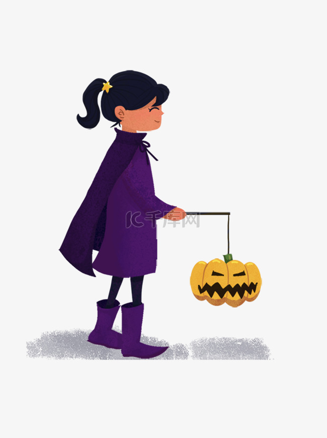 手绘卡通提南瓜灯穿紫色女巫服的