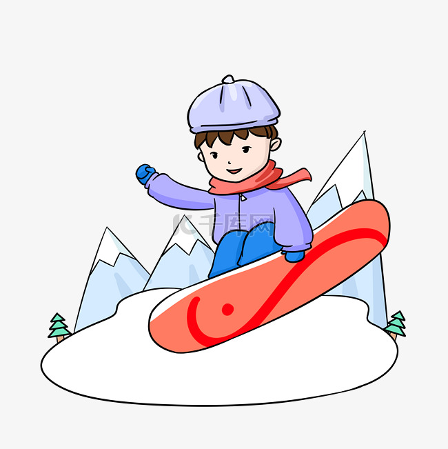 卡通手绘冬季激情滑雪插画