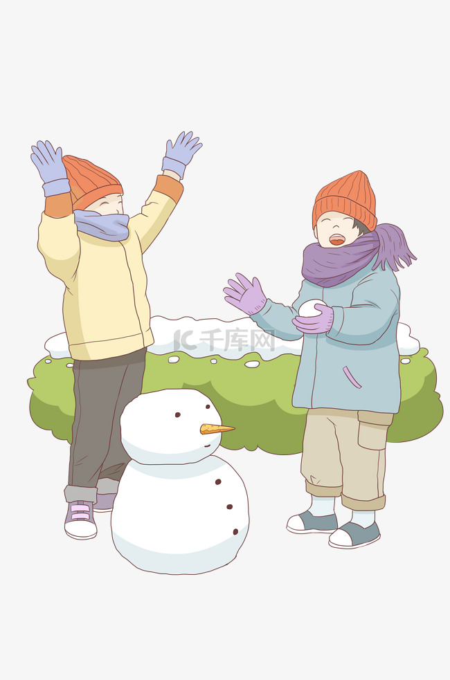 两个小孩子堆雪人
