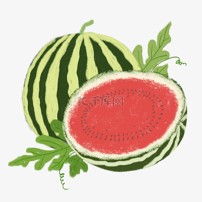 夏天红色绿色手绘肌理西瓜水果