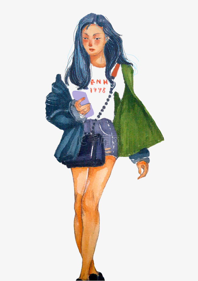 日系手绘水彩少女全身免抠插画