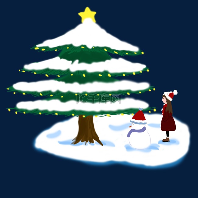 手绘风格灰色系树下的女孩和雪人