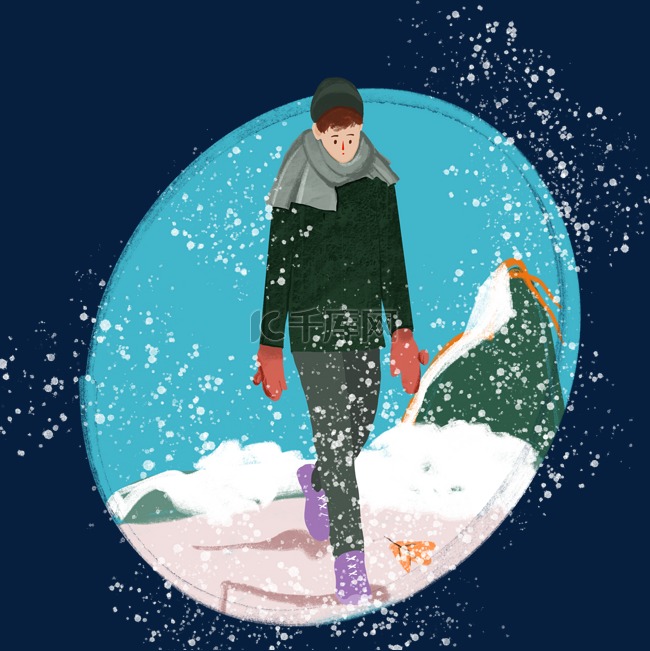 冬季雪景和小男孩插画