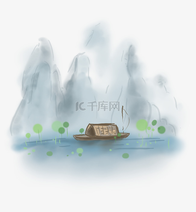 中国风水墨湖上的游船