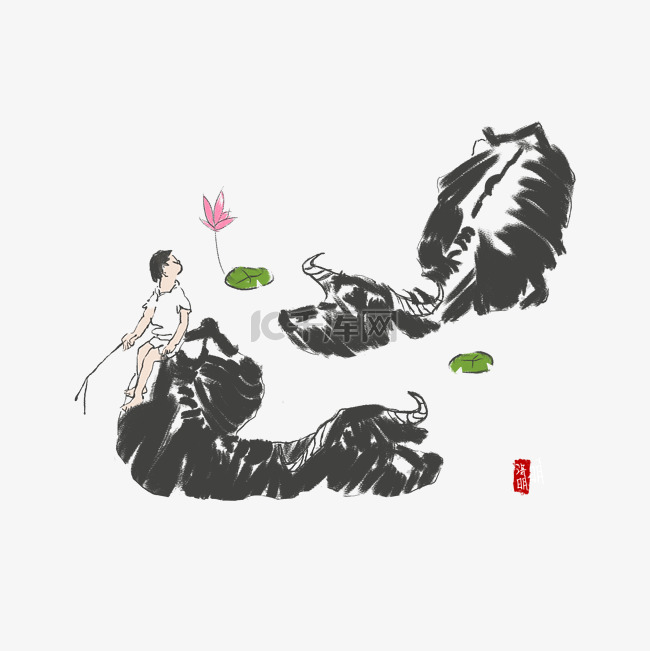 清明节牧童水牛中国风水墨画写意