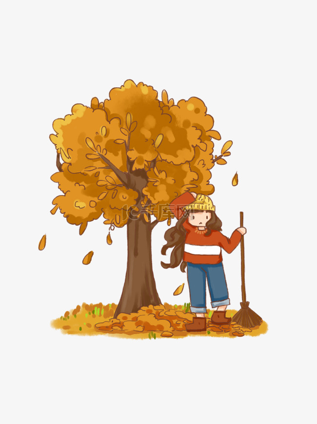 秋季丰收商业元素之打扫果树落叶