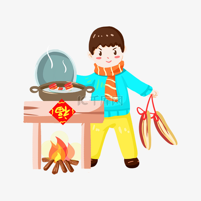 春节传统习俗炖肉手绘插画