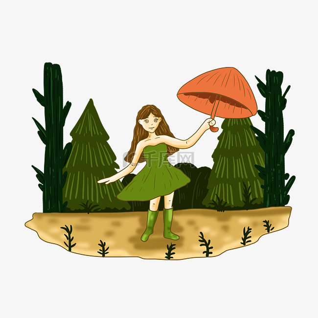 手绘雨水小女孩雨伞树木插画