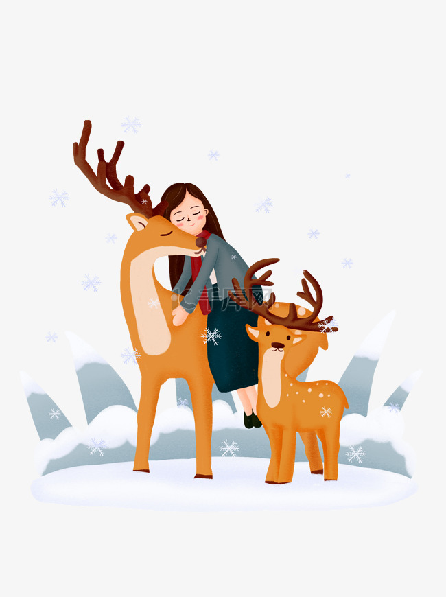 圣诞节麋鹿驯鹿女孩下雪人物动物