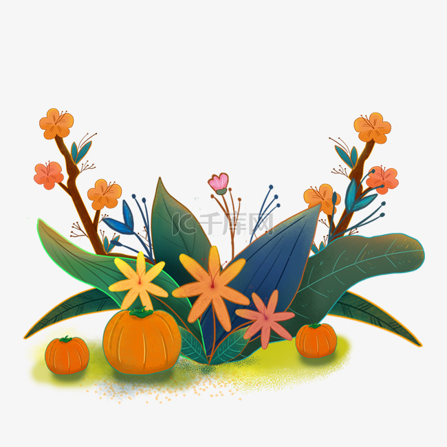 感恩节南瓜花朵手绘装饰png素