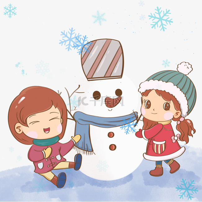 冬季场景两个女孩快乐的堆雪人