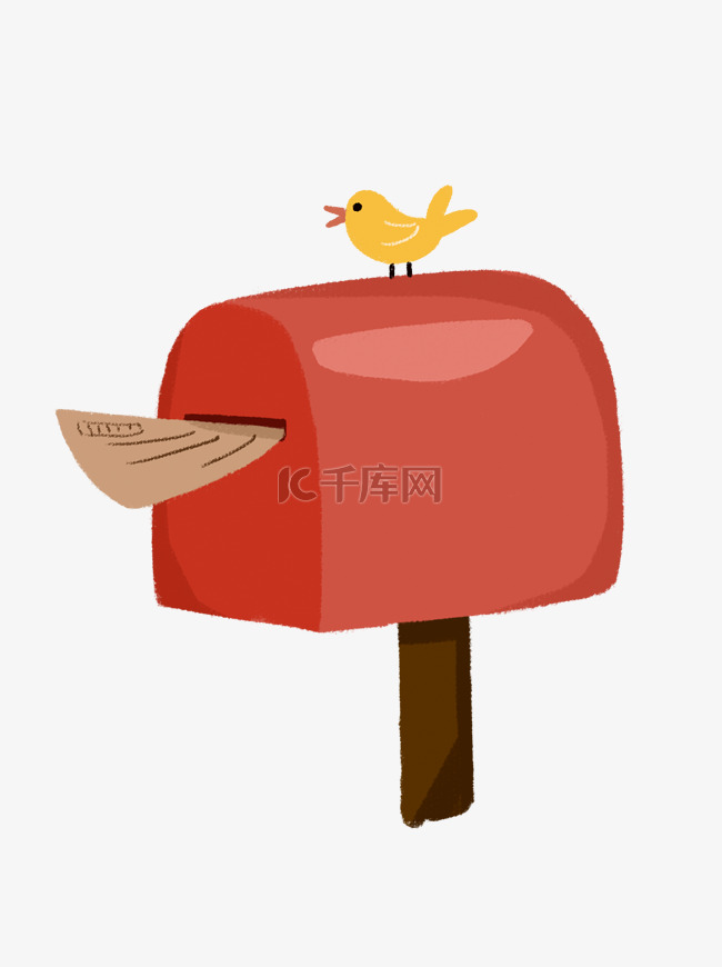 手绘卡通红色邮箱和可爱黄色小鸟