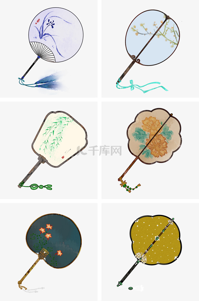 团扇套图中式风格传统装饰图案中国风水墨PNG素材