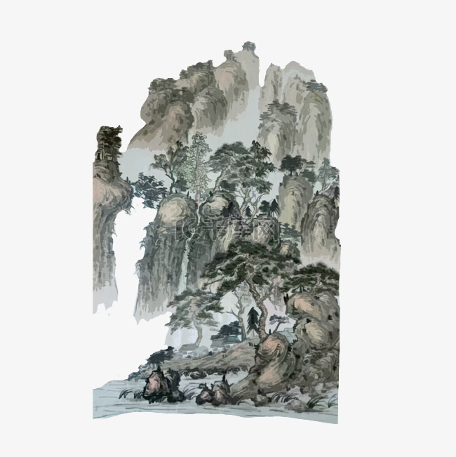 山水水墨树嶙峋远山工笔PNG国画