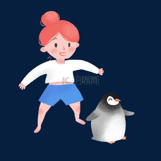 手绘可爱小女孩和企鹅