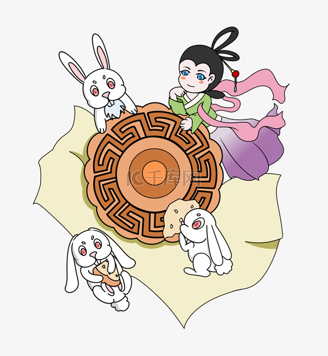 手绘嫦娥玉兔月饼插画
