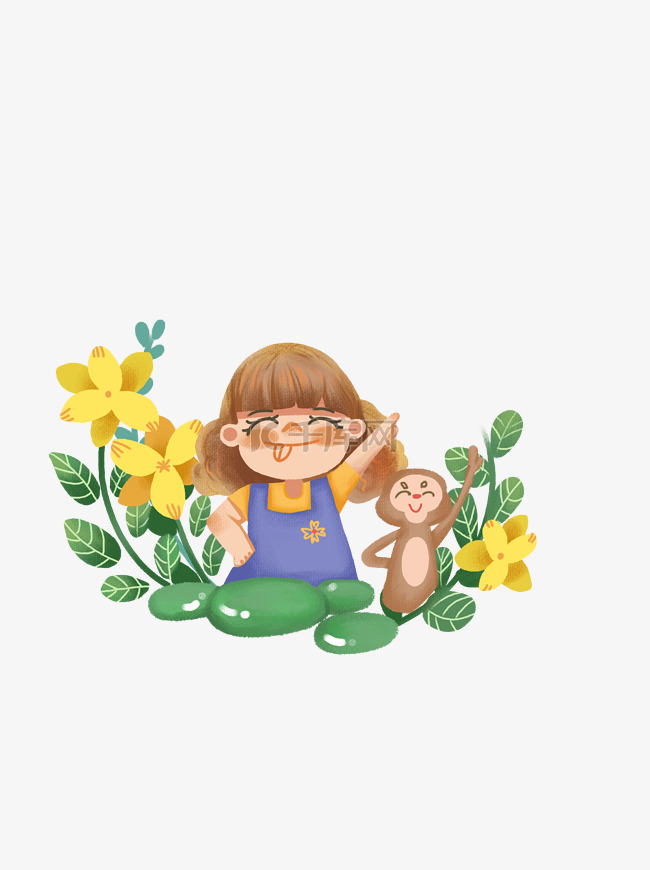 处暑植物女孩和猴子可爱插画