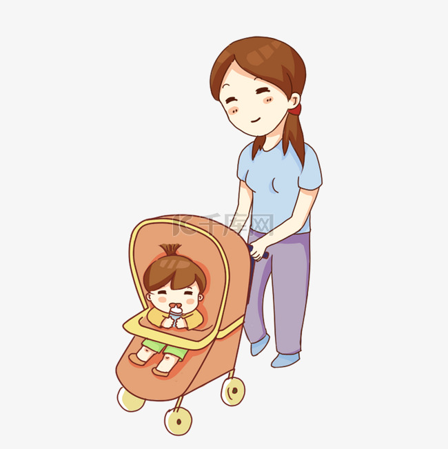 手绘卡通推孩子散步的妈妈