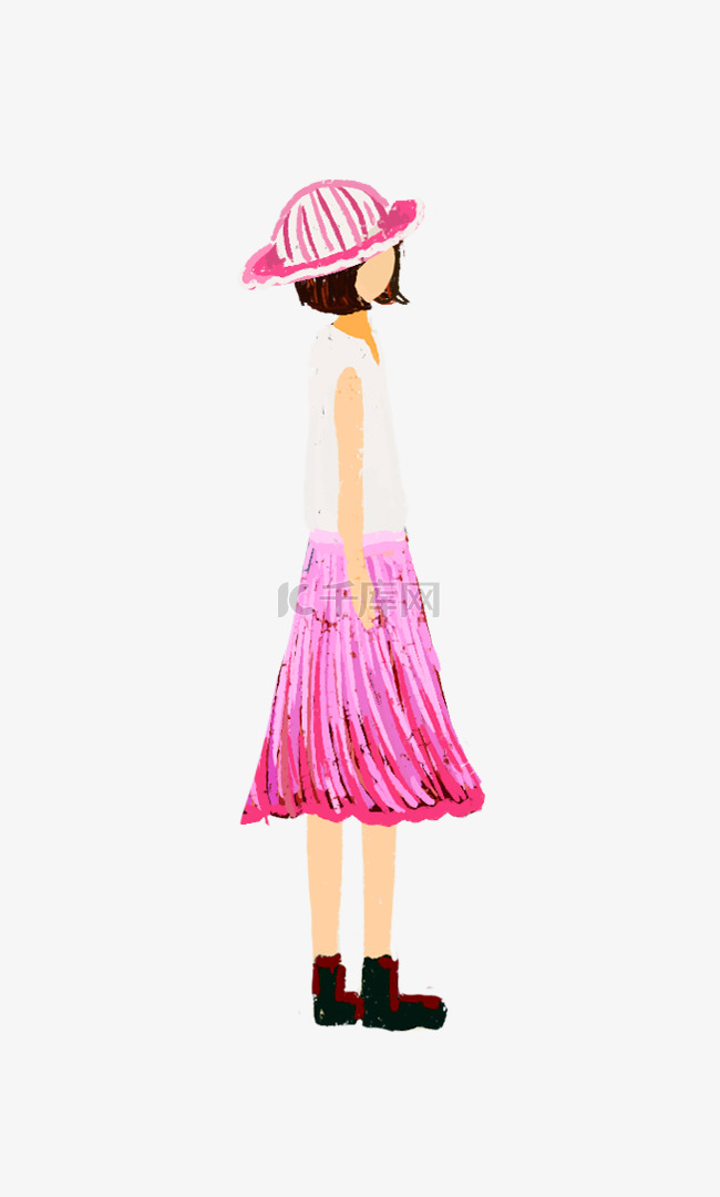 手绘卡通穿粉色裙子的小女孩插画