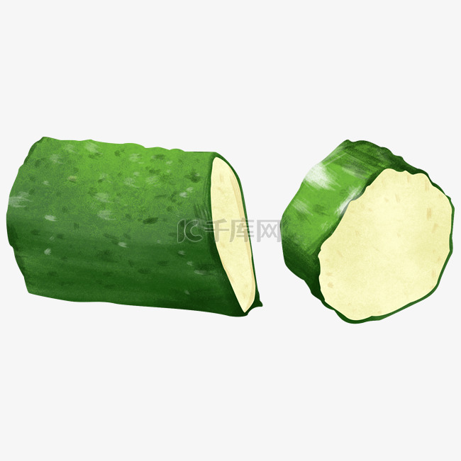 切开的绿色青瓜黄瓜蔬菜写实手绘