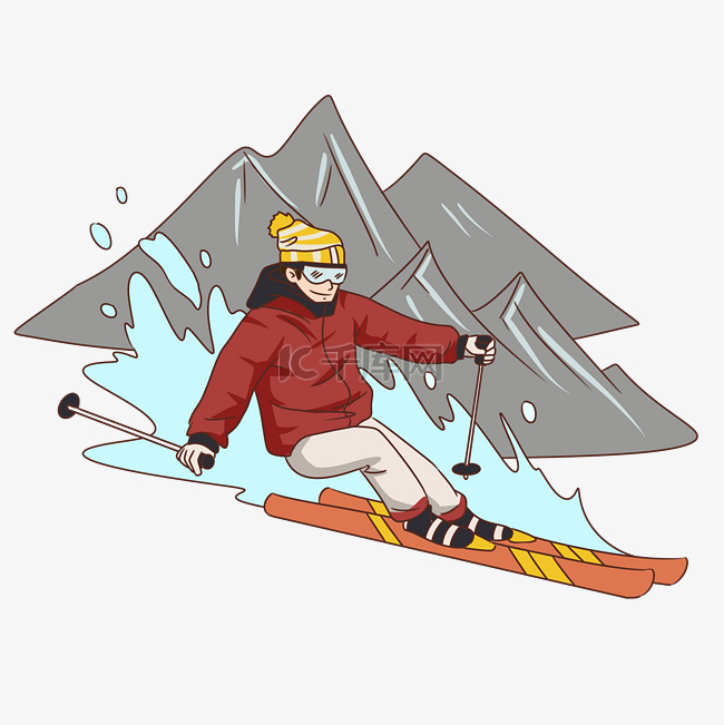 手绘冬季旅游滑雪男子人物插画