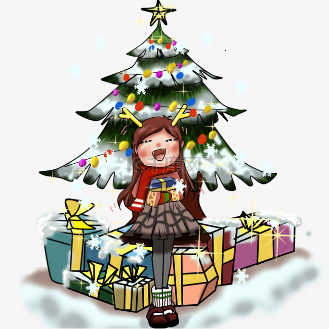 动漫厚涂手绘圣诞树下收礼物的女