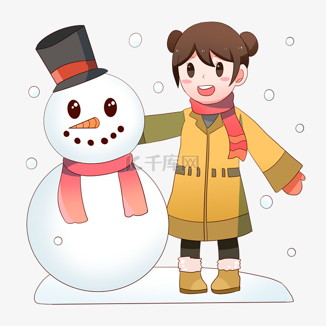 手绘堆雪人的女孩插画