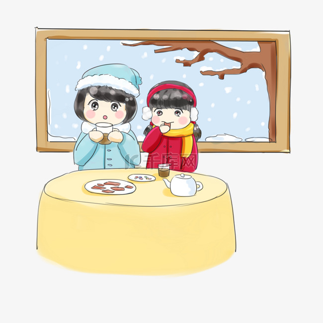 冬天冬季系列卡通手绘Q版吃团圆