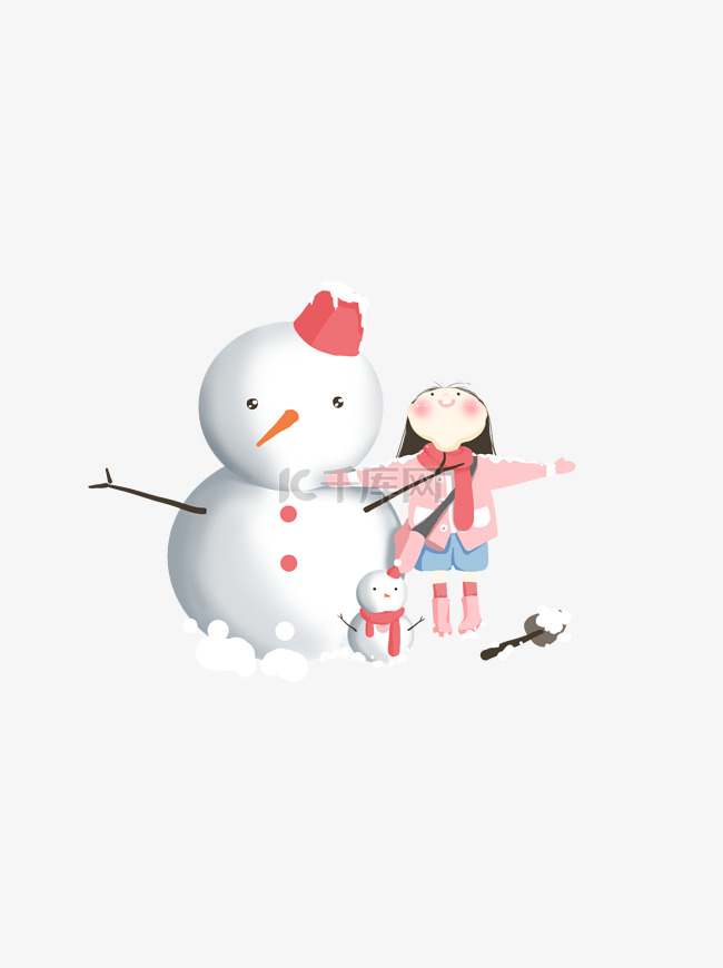 冬季小清新雪人和小女孩插画设计