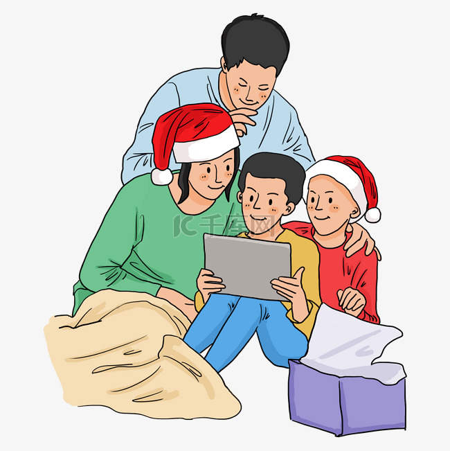 圣诞节一家人坐在一起看平板温馨