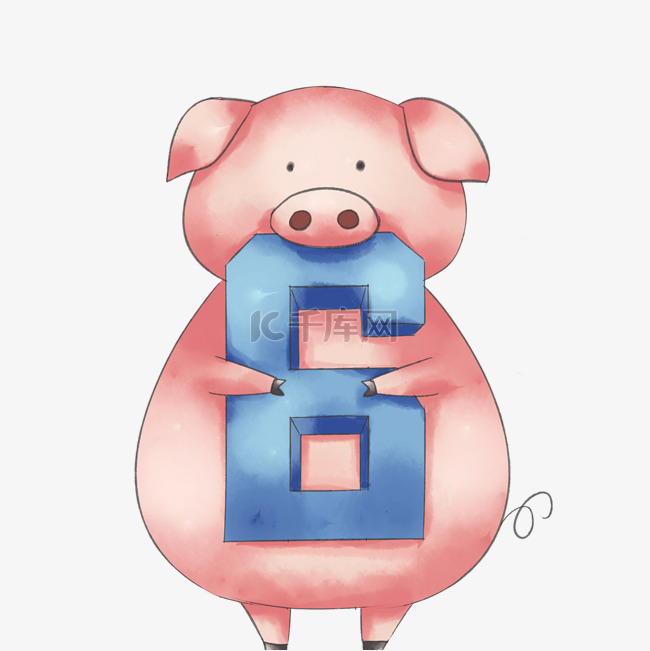 粉色的小猪和数字6插画