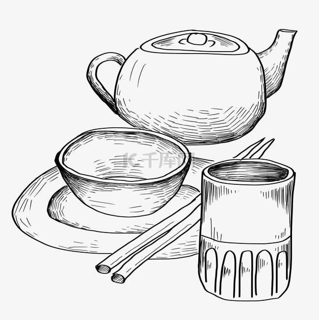线描茶壶和水杯插画