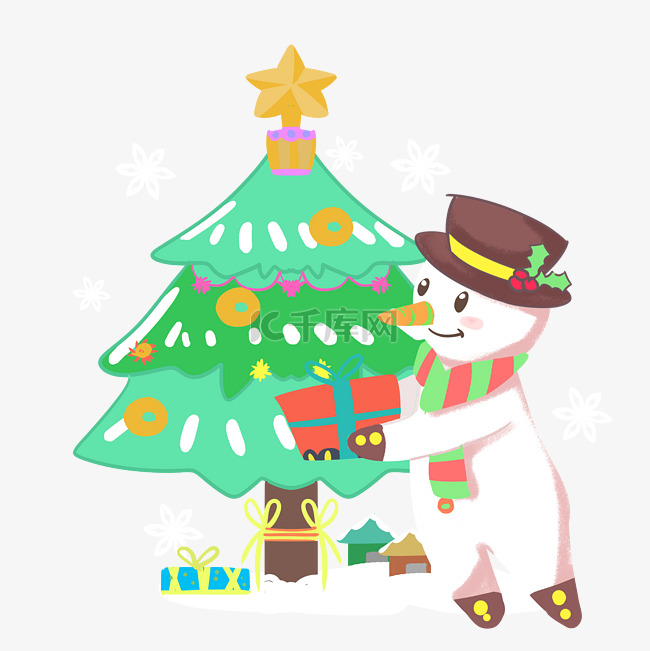 圣诞雪人送礼圣诞树手绘插画