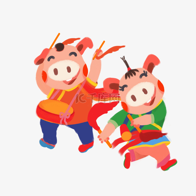 春节庆祝节日敲鼓的年画小猪