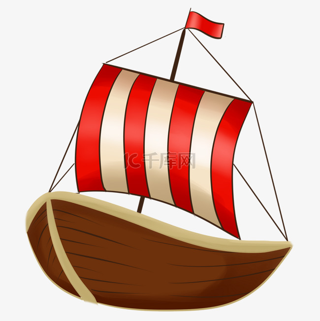 手绘棕色帆船插画