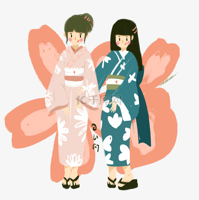 日本穿着和服的两个少女免抠图